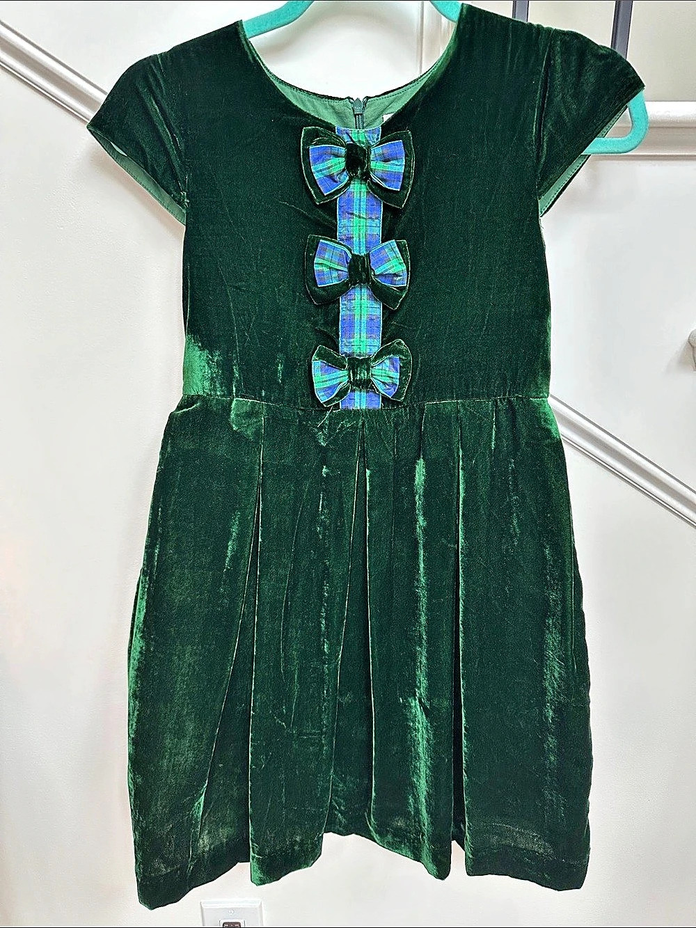 Rachel Riley Girls Tartan Bow Velvet Dress Green & Blue Size 10Y